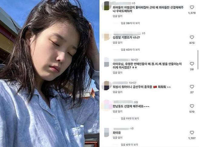 극우 성향 누리꾼들이 남긴 악플 테러. 아이유 인스타그램 캡처