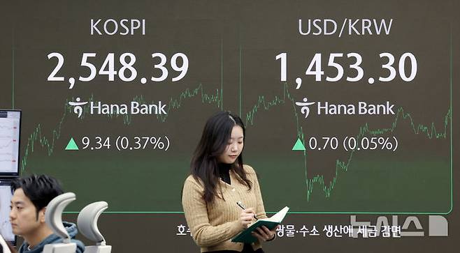 [서울=뉴시스] 김진아 기자 = 12일 서울 중구 하나은행 딜링룸에서 딜러들이 업무를 보고 있다. 코스피는 전 거래일(2539.05)보다 9.34포인트(0.37%) 오른 2548.39에, 코스닥 지수는  전 거래일(749.59)보다 4.41포인트(0.59%) 하락한 745.18에 거래를 종료했다. 2025.02.12. bluesoda@newsis.com