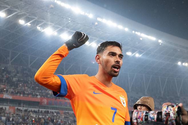 산둥 미드필더 마드루가가 11일 ACLE 광주전에서 승리한 뒤 기뻐하고 있다. Getty Images코리아