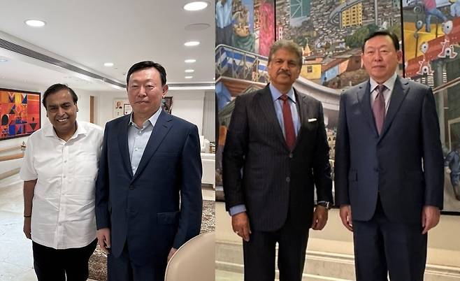 신동빈 롯데 회장이 무케시 암바니 릴라이언스그룹 회장(왼쪽 사진)와 아난드 마힌드라 마힌드라그룹 회장과 만난 모습.(롯데지주 제공)