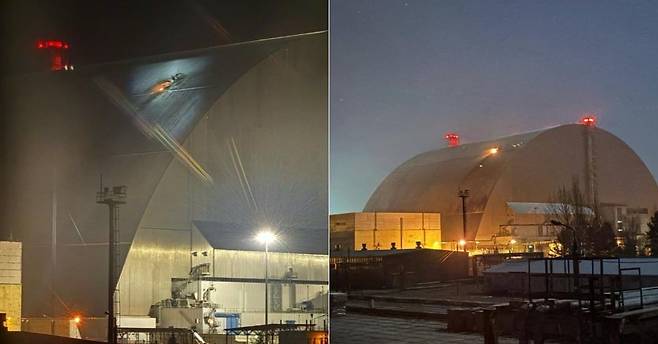 14일 새벽 체르노빌 원전 4호기 격납시설에서 의문의 폭발이 발생한 뒤 지붕에서 화재가 발생하고 있는 모습./엑스