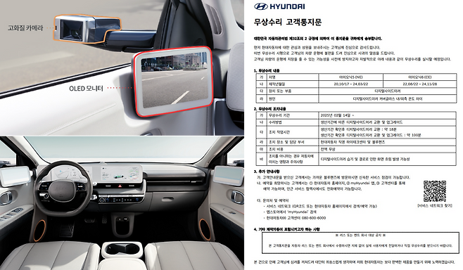 현대차 아이오닉5에 탑재된 디지털 사이드 미러 이미지(좌측)·현대차 무상수리 통지문(우측). /현대차 제공