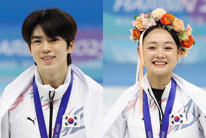 피겨 차준환과 김채연이 13일 중국 헤이룽장성 하얼빈 빙상훈련센터 다목적홀에서 열린 하얼빈 동계아시안게임 프리스케이팅에서 각각 금메달을 차지한 뒤 시상식에서 미소 짓고 있다. 2025.2.13 /뉴스1
