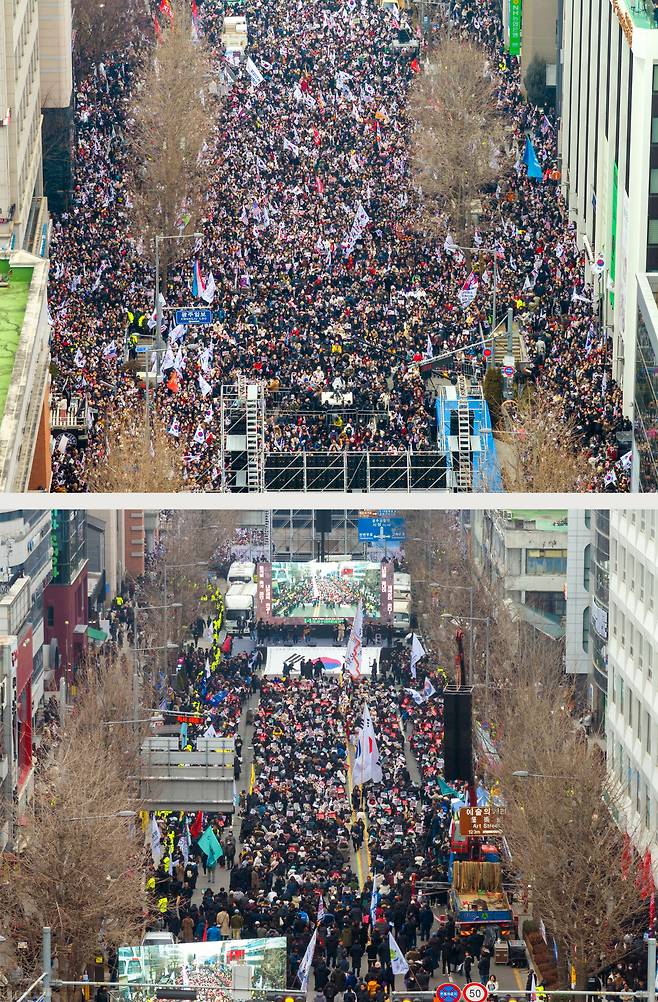 15일 광주 동구 금남로에서 탄핵찬성(사진 아래쪽)과 반대(사진 윗쪽) 집회가 동시에 열렸다./2025.2.15. 김영근 기자