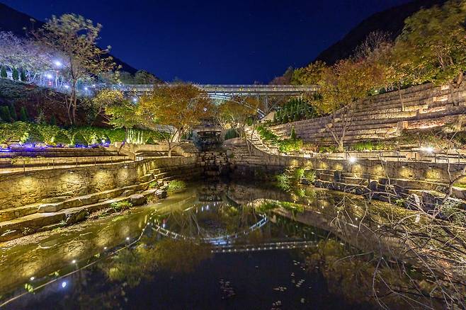 경남 진주의 복합산림휴양시설인 ‘월아산 숲속의 진주’의 ‘달빛정원’. 시민들이 힘을 합쳐 월아산 암석들을 쌓아 만든 정원의 밤풍경이 일품이다. ⓒ우승민 정원사진가