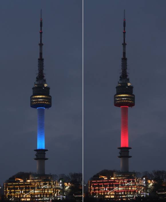 15일 서울 남산 N서울타워에 한국과 일본의 국기를 상징하는 파란색과 빨간색이 번갈아 점등되고 있다. 2025.2.15 연합뉴스