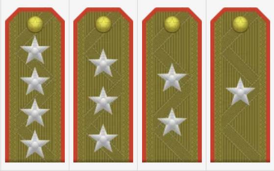 왼쪽부터 대장, 상장, 중장, 소장.