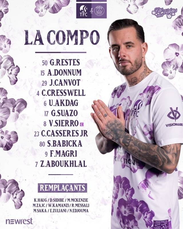 툴루즈는 골키퍼 레스트를 시작으로 아크다-크레스웰-캉보-수아소-시에로-카세레스-된눔-아부클랄-바비카-마그리가 선발 출전했다. 사진=툴루즈 SNS
