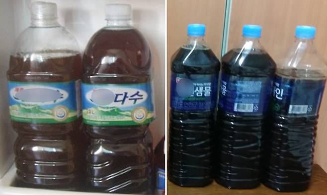 생수병에 들기름, 간장 등을 넣어 보관하는 모습. SNS 캡처