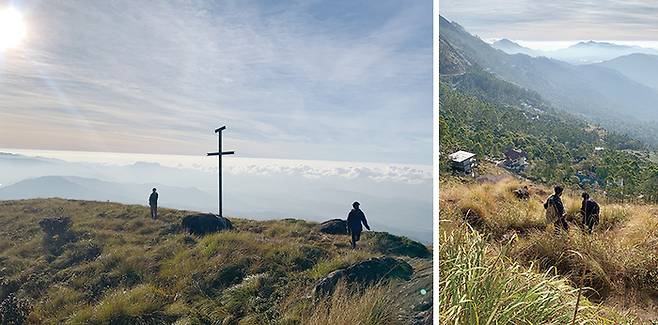 (좌)가파른 경사와 바위 길로 이어져 있는 산 정상 (우)숲이 우거진 오솔길을 따라 하산을 시작했다.