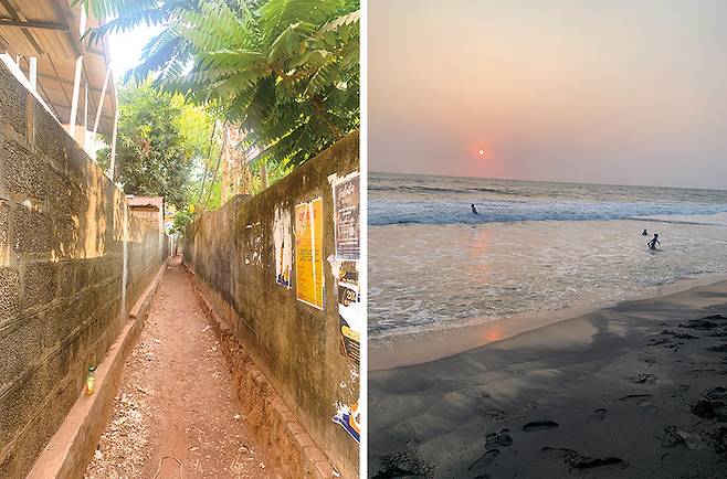 (좌)바르칼라 해변 산책로로 통하는 좁다란 길 (우)영적 에너지와 함께 저물어가는 일몰 풍경