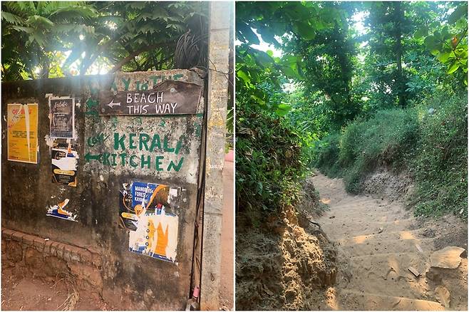 (좌)바르칼라 해변 산책로로 통하는 좁다란 길 (우)산책로 중간 지점마다 해변으로 통하는 계단이 있다.
