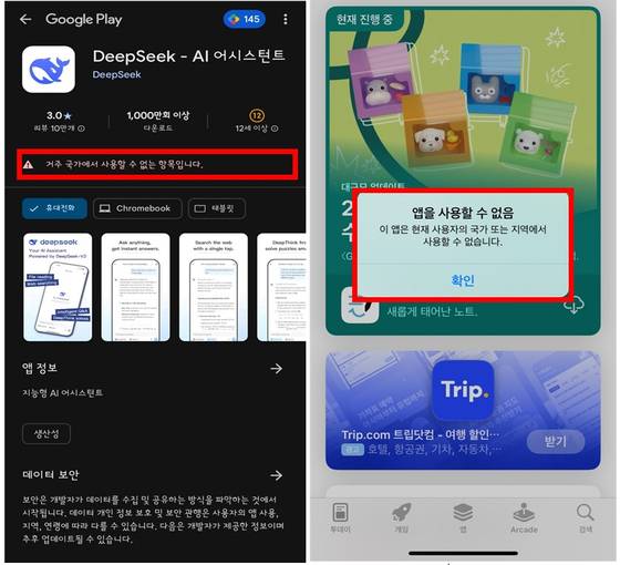 17일 현재 안드로이드마켓(왼쪽)과 앱스토어에서 딥시크를 검색했을때 모습. [사진 개인정보보호위원회]