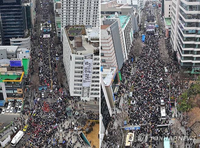 (광주=연합뉴스) 정회성 기자 = 15일 오후 광주 동구 금남로에서 경찰버스로 만든 차벽을 사이에 두고 윤석열 대통령 탄핵에 찬성(왼쪽 사진), 반대(오른쪽 사진)하는 집회가 각각 열리고 있다. 2025.2.15 hs@yna.co.kr 연합뉴스