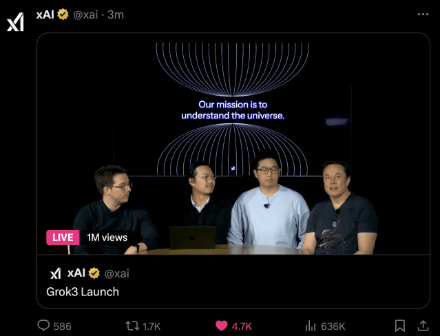 xAI는 소셜미디어 X(엑스) 라이브 시연을 통해 새 모델 그록 3 베타버전을 공개했다. (사진=그록3 라이브 시연 캡처)