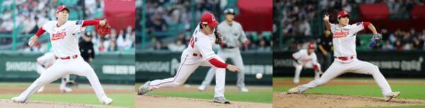 프로야구 SSG 랜더스의 5선발 자리를 놓고 경쟁 중인 (왼쪽부터) 송영진, 박종훈, 정동윤. SSG 랜더스 제공