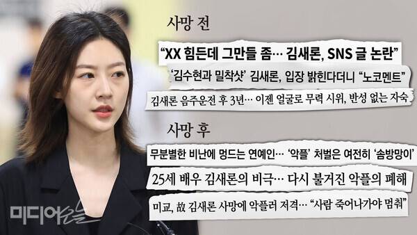 ▲25세의 나이에 고인이 된 배우 김새론씨와 관련한 사망 전 보도와 사망 후 보도.위부터 김새론 배우 사망 전 파이낸셜뉴스, 조선일보, OSEN 기사 제목과 김새론 배후 사망 후 파이낸셜뉴스, 조선일보, OSEN 기사 제목. 정리=금준경 기자. 디자인=안혜나 기자.