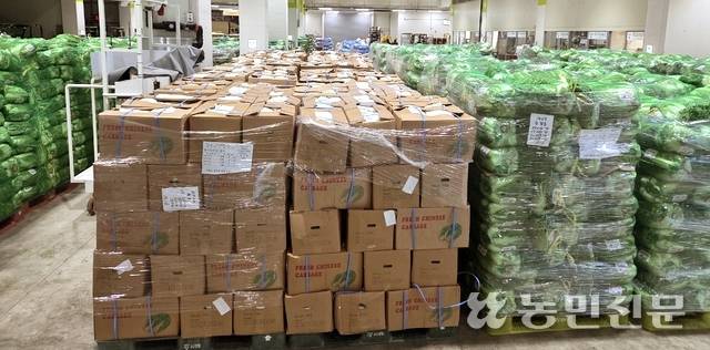 13일 서울 가락시장 채소2동 경매장에서 중국산 신선배추가 종이상자에 담긴 채 적재돼 있다. 오른쪽 초록색 망으로 포장된 배추는 국산 배추다.