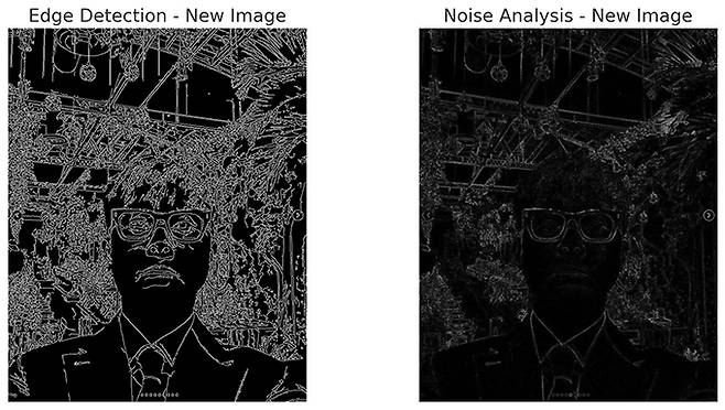 챗GPT를 활용해 이승환이 SNS에 올린 사진의 에지 검출과 노이즈 분석을 실행한 결과. 안경, 머리카락, 옷의 경계선이 뚜렷하고 왜곡된 부분이 없다. 노이즈도 얼굴과 배경에 균일하게 분포돼 있고, 인위적인 블러 효과도 보이지 않는다.