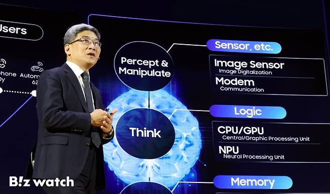 송재혁 삼성전자 DS부문 최고기술책임자(CTO) 사장이 19일 서울 강남구 코엑스에서 열린 '세미콘 코리아 2025'에서 기조연설을 하고 있다./사진=이명근 기자 qwe123@