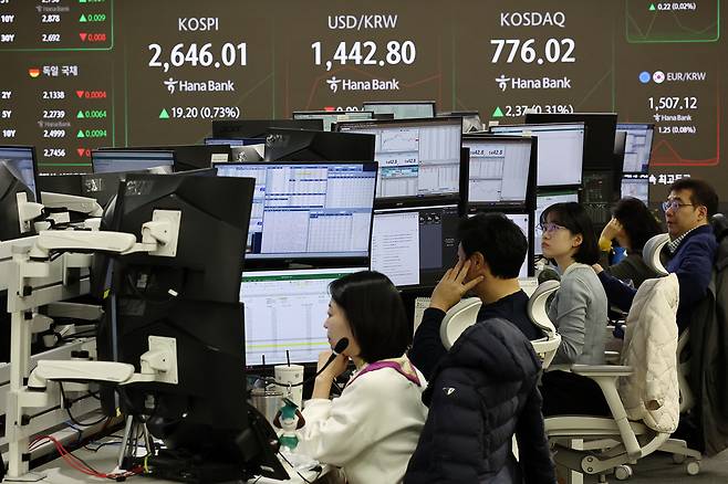 코스피가 2,630대에서 강세 출발한 19일 서울 하나은행 본점 딜링룸에서 딜러들이 업무를 보고 있다. 연합뉴스