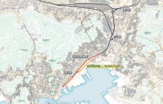 경부선 철도지하화 선도사업 선정지 위치도. 부산진역~부산역(2.8km) 구간의 철도가 지하화되면서, 지상에는 녹지 공간과 상업·문화시설 등이 조성된다. 부산역 조차장에서 부산진 컨테이너 야적장까지 37만1000㎡ 규모의 철도부지 개발도 추진된다. 부산시 제공