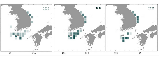 우리나라 태평양참다랑어의 어획 위치(2018~2022).[국립수산과학원 제공]