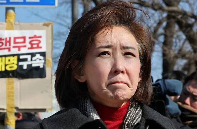 나경원 국민의힘 의원이 권영세 비상대책위원장, 권성동 원내대표와 함께 지난 3일 경기 의왕시 서울구치소에서 윤석열 대통령을 접견한 뒤 취재진에게 브리핑하고 있다. 김영원 기자 forever@hani.co.kr