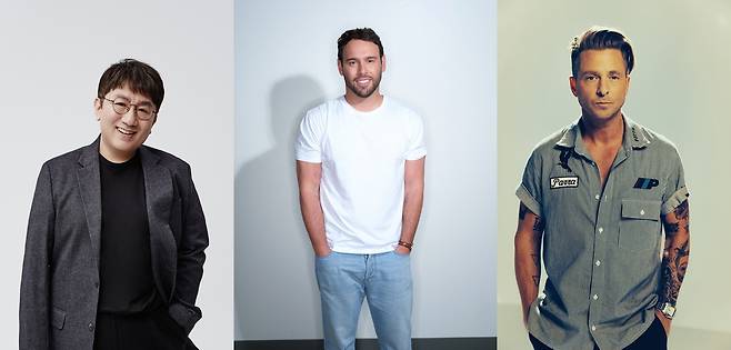 From left: Hybe Chairman Bang Si-Hyuk, Hybe America CEO Scooter Braun and four-time Grammy-winning producer Ryan Tedder (Hybe)