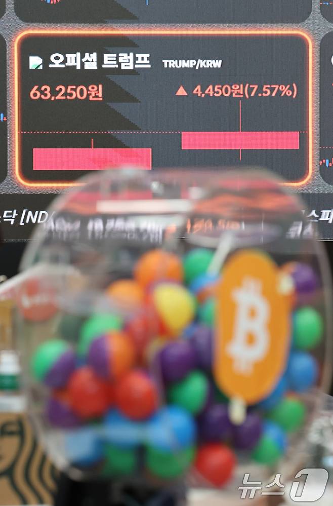 지난달 22일 오후 서울 서초구 빗썸라운지 전광판에 도널드 트럼프 미국 대통령이 발행한 밈 코인 '오피셜 트럼프(TRUMP)' 시세가 표시되고 있다. 2025.1.22/뉴스1 ⓒ News1 임세영 기자
