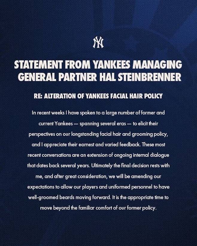 17401469034861.jpg 이제 수염 기르는거 가능하다고 공식 발표한 뉴욕 양키스 ㄷㄷ.jpg