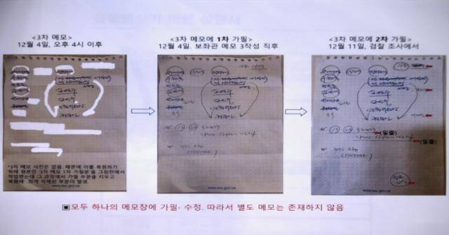 홍장원 전 국가정보원 1차장이 20일 서울 종로구 헌법재판소 대심판정에서 열린 윤석열 대통령 탄핵심판 10차 변론기일에 증인으로 출석해 비상계엄 당시 통화한 내용을 정리 기록한 메모. 헌법재판소 제공