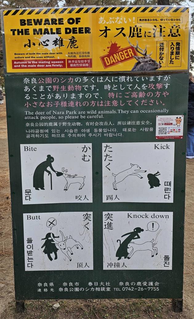 사슴을 대하는 주의사항을 알리는 공원 내 표지 / JAPAN NOW