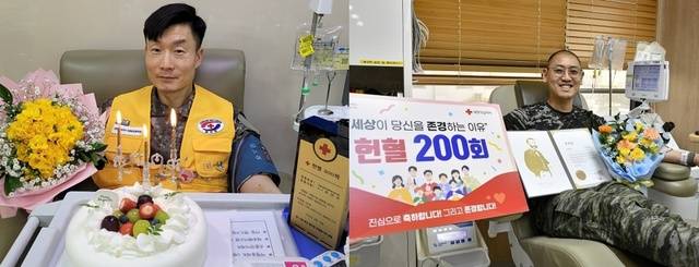 헌혈 300회를 한 육군 5기갑여단 소속 최연규 소령(왼쪽)과 200회를 한 해병대 2사단 소속 박근세 상사.