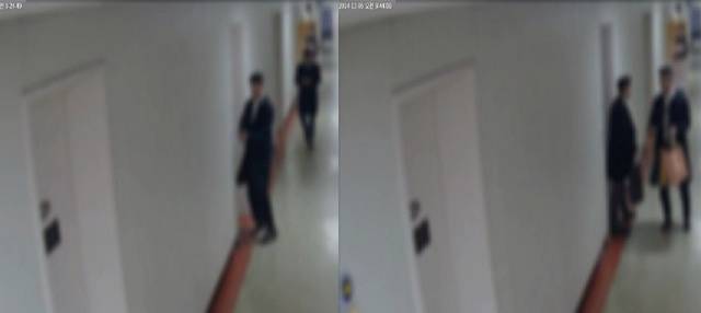 국방부 국회협력단 관계자들이 지난해 12월 5일 오전 9시24분쯤 국회 본관 1층 사무실로 들어가고 있다(왼쪽). 오른쪽은 같은 날 오전 9시44분쯤 국회협력단 관계자들이 양손에 각각 종이가방 2개를 들고 사무실을 나서는 모습. 윤건영 의원실 제공