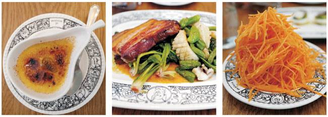 ‘메종조’ 청담점의 비스트로 메뉴. 왼쪽 사진부터 밤 크렘 브륄레, 포항초 오징어 그리고 삼겹살구이, 당근라페.