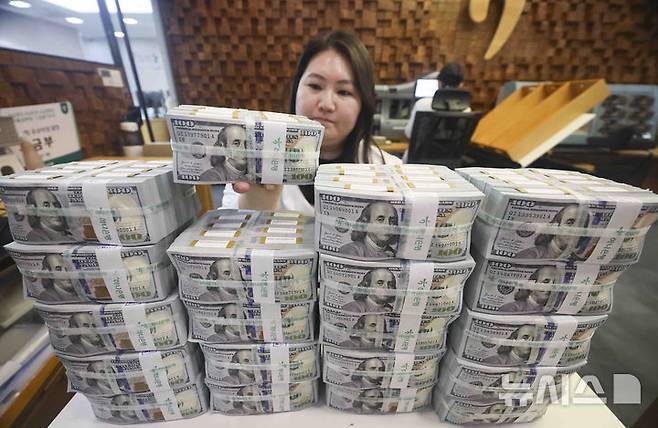 [서울=뉴시스] 김근수 기자 = 24일 서울 중구 하나은행 위변조대응센터에서 직원이 달러를 정리하고 있다.한국은행이 발표한 '올해 1월 거주자외화예금 동향'에 따르면 지난달 국내 거주자 외화 예금은 한 달 전보다 21억4000만 달러 증가한 1034억4000만 달러를 기록했다. 지난 2024년 12월 잔액(1038억8000만 달러) 이후 최대 규모다. 2025.02.24. ks@newsis.com