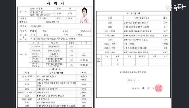 ▲강혜경 씨가 김영선 전 의원 지시에 따라 수정·보완한 김영선 이력서 ⓒ뉴스타파