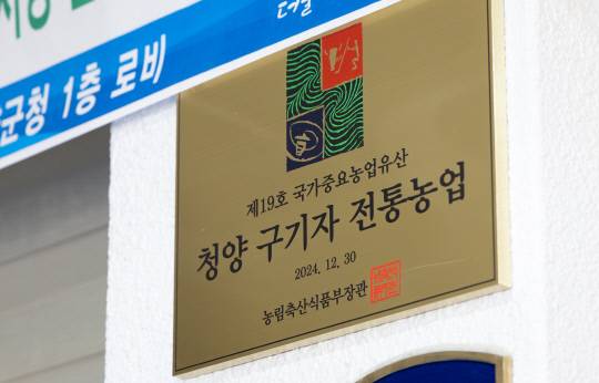 특정 지역에서 오랜 세월에 걸쳐 형성된 전통농업 체계 중 생태적, 경제적, 사회적, 문화적 가치가 뛰어나고 환경과의 조화를 이루며 후대에 전승할 가치가 있는 자원을 농림축산식품부가 지정한 청양구기자전통농업 국가중요농업유산 지정패. 청양군 제공