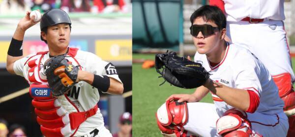 SSG 랜더스의 백업 포수 자리를 놓고 경쟁 중인 조형우(왼쪽)와 이율예. SSG 랜더스 제공