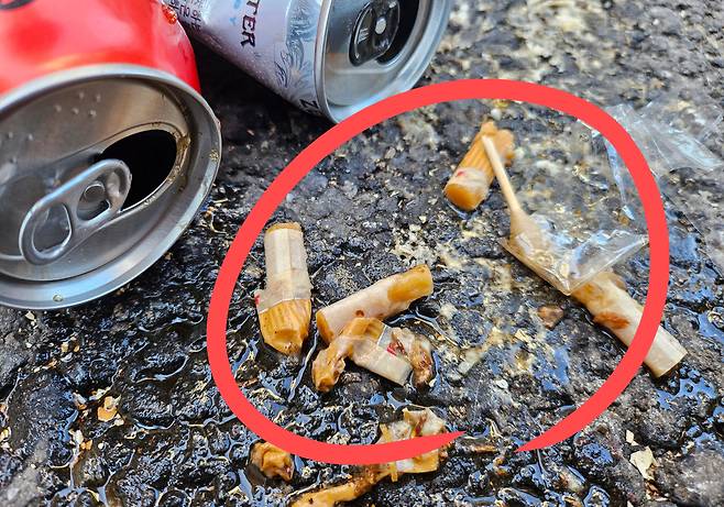 버려진 음료캔에서 발견한 쓰레기들. 김광우 기자.