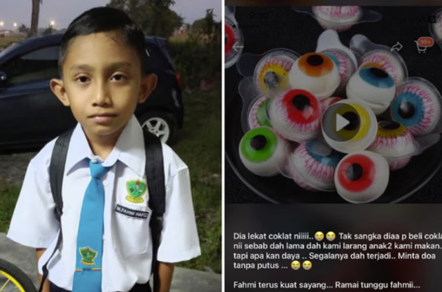 눈알 젤리를 먹다가 학교에서 질식사한 말레이시아 소년 모하맛 파흐미 하피즈의 생전 모습(왼쪽)과 하피즈가 섭취한 것으로 추정되는 눈알 젤리. [하피즈 이모 페이스북]