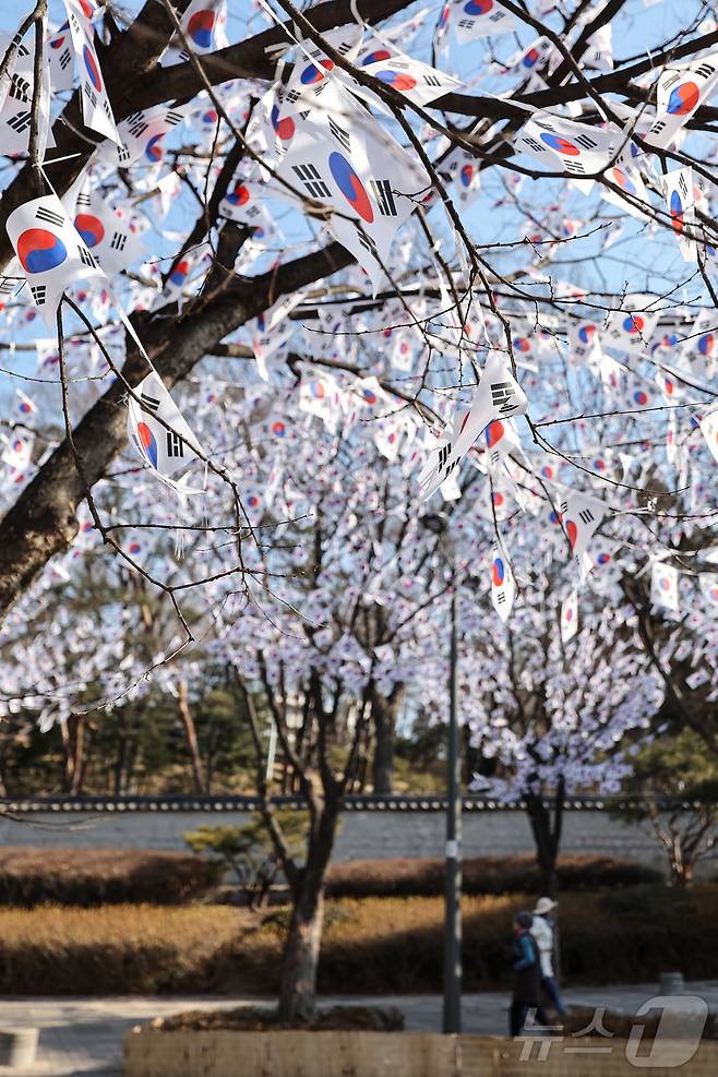 3.1절을 이틀 앞둔 27일 오후 서울 용산구 효창공원에 태극기 거리가 조성돼 있다. 2025.2.27/뉴스1 ⓒ News1 김도우 기자