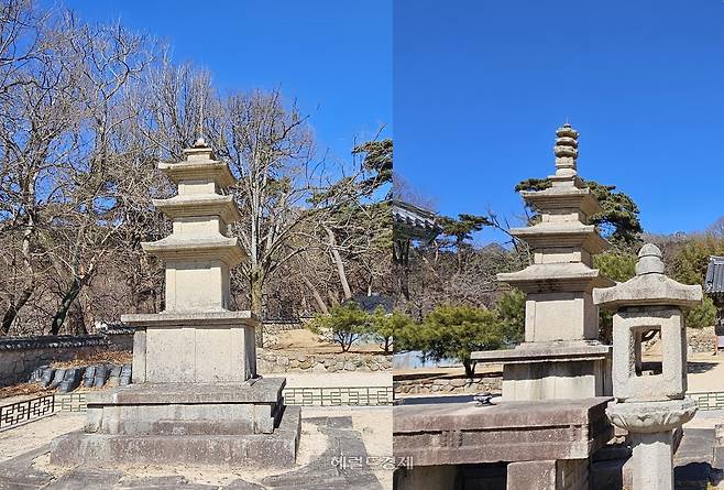 금당암 동·서 삼층석탑. 왼쪽이 서탑, 오른쪽이 동탑.