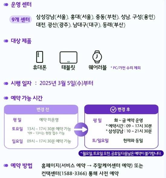 삼성전자서비스 휴대폰 주말케어센터 예약서비스 운영 안내 [삼성전자서비스 홈페이지 캡처. 재판매 및 DB 금지]