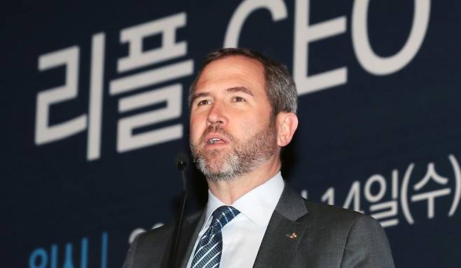 미국 가상자산 기업 리플의 브래드 갈링하우스 최고경영자(CEO)가 지난 2018년 3월 14일 서울 영등포구 여의도 콘래드 호텔에서 열린 기자 간담회에서 발언하고 있다.뉴스1