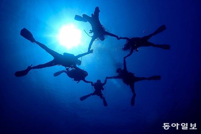 다이빙 도중 별모양을 만들어내고 있는 다이버들.