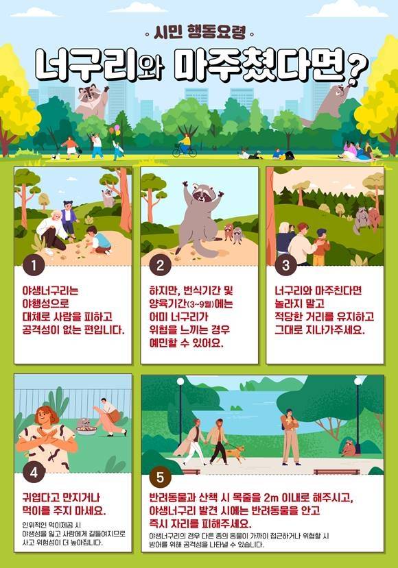 Signs posted throughout the park warn visitors not to feed or approach raccoon dogs. (Seoul Metropolitan Government)