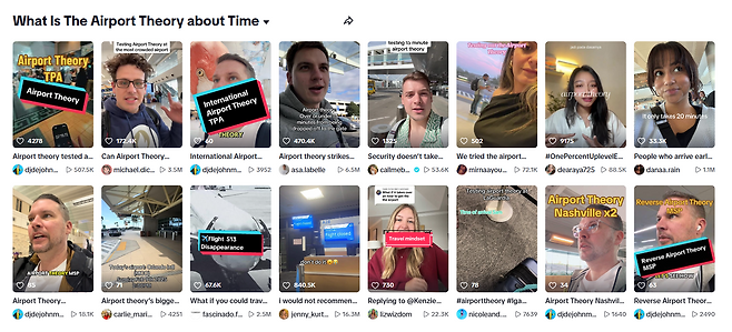 사회관계망서비스(SNS) 틱톡에 올라온 ‘공항이론’을 실험한 영상들. 틱톡 캡처