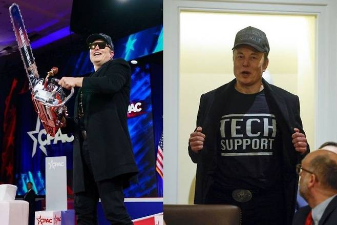 지난달 보수정치행동회의(CPAC) 행사에서 전기톱을 들고 퍼포먼스를 하고 있는 머스크(왼쪽). 오른쪽은 지난달 백악관에서 열린 내각회의에 티셔츠와 모자 차림으로 참석한 머스크의 모습. AP연합뉴스